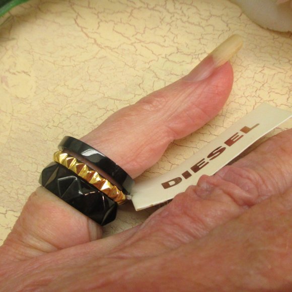 DIESEL Black Gold Stack Rings Unisex~Vintage NOS Industrial Size 6.5 Stack Rings - Picture 7 of 14